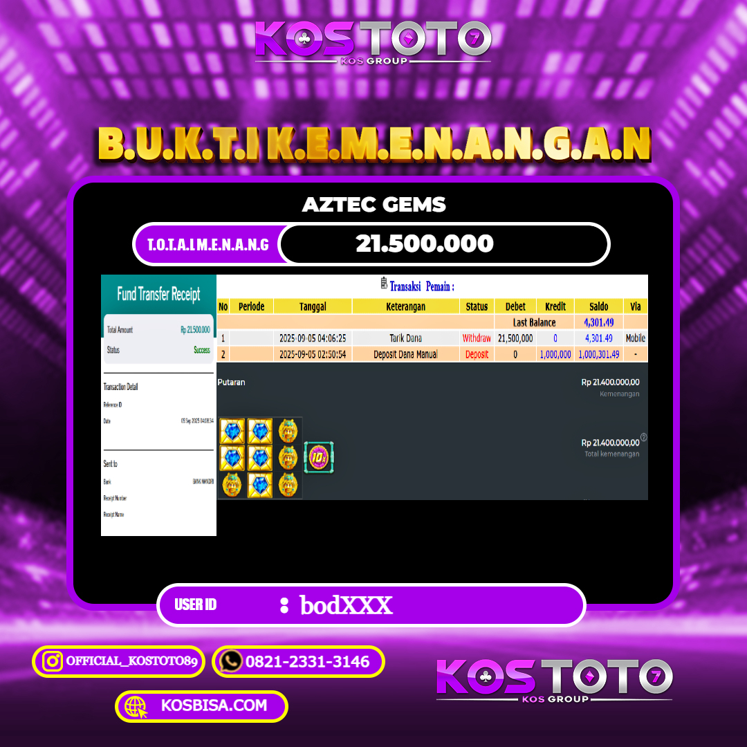 KOSTOTO JACKPOT SLOT AZTEC GEMS RP.21.500.000,- LUNAS USER ID : BOD****