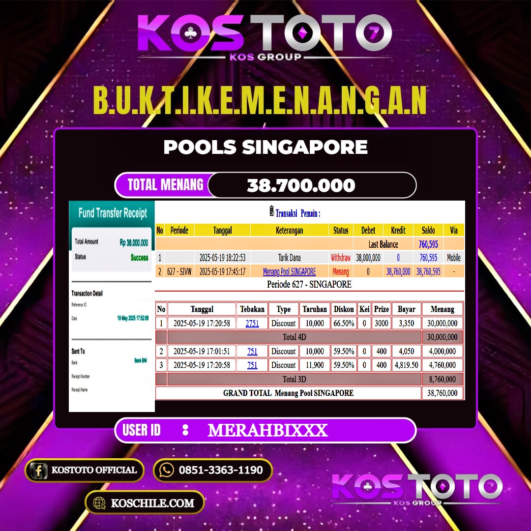 KOSTOTO JACKPOT TOGEL SINGAPORE RP.38.700.000,- LUNAS USER ID : MERAHBI****