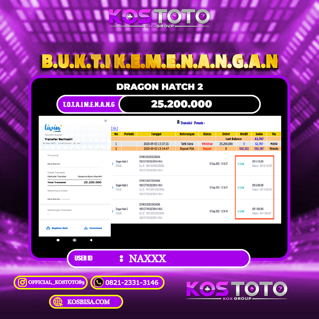 KOSTOTO JACKPOT SLOT DRAGON HATCH 2 RP.25.200.000,- LUNAS USER ID : NA****