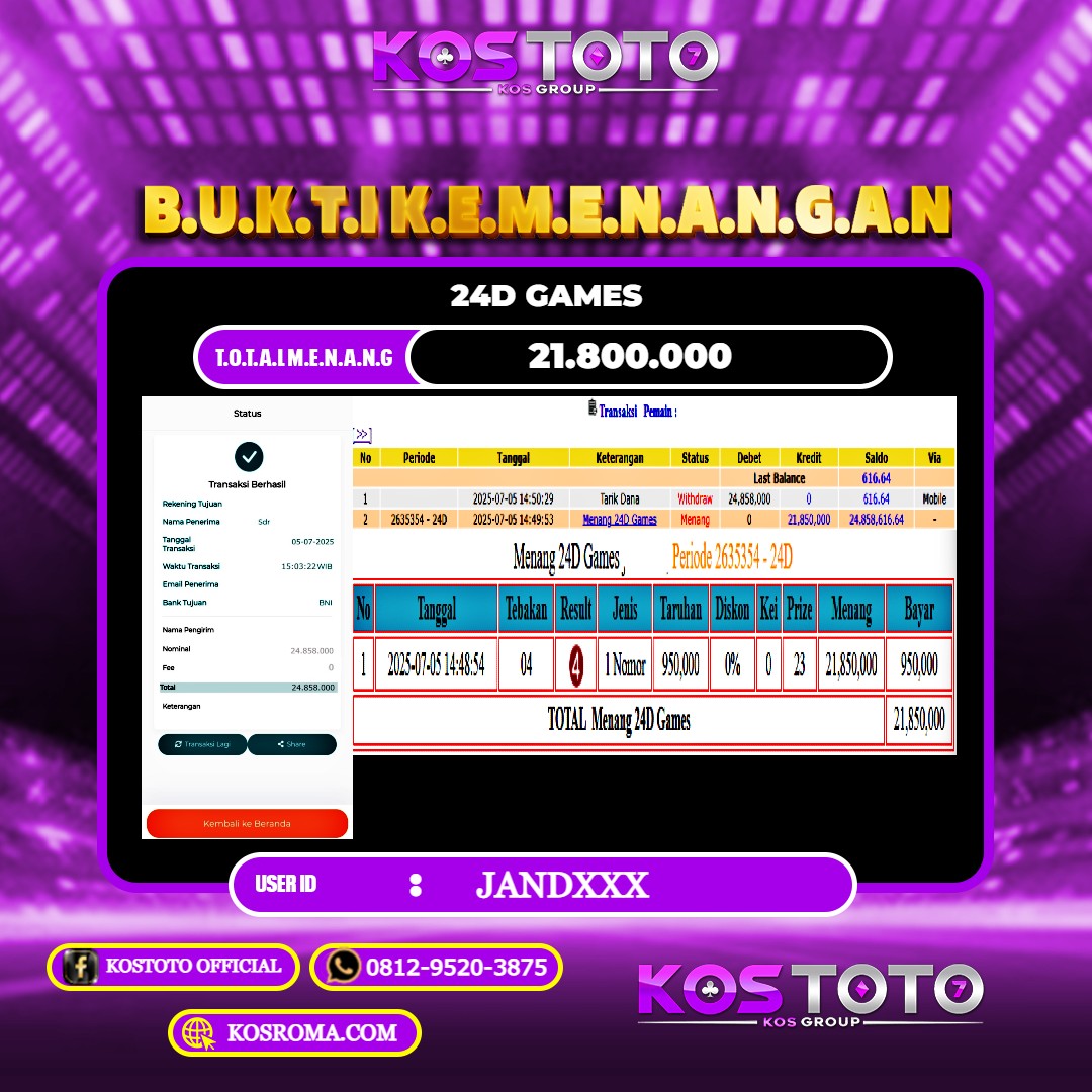 KOSTOTO JACKPOT CASINO 24D GAMES RP.21.800.000,- LUNAS USER ID : JAND****