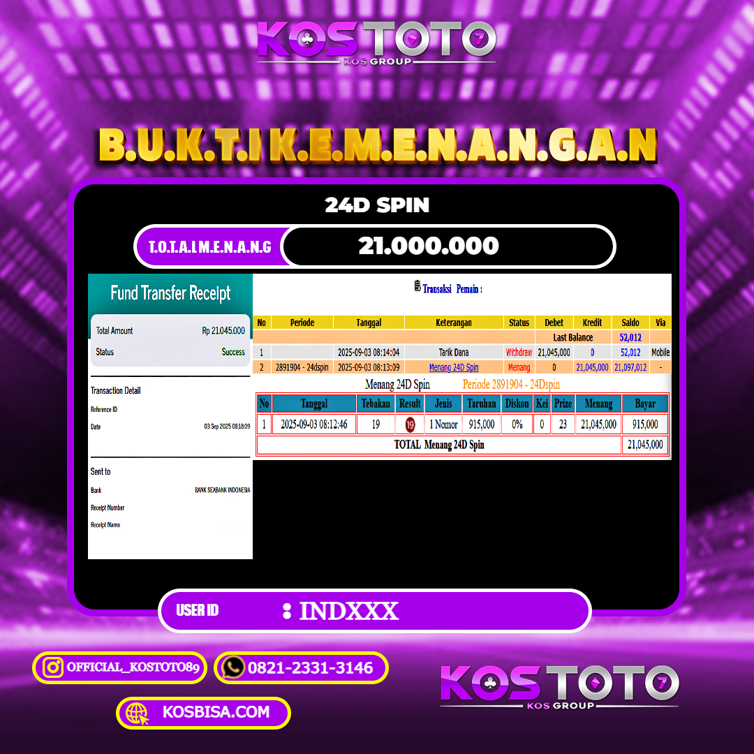KOSTOTO JACKPOT CASINO 24D SPIN RP.21.000.000,- LUNAS USER ID : IND****