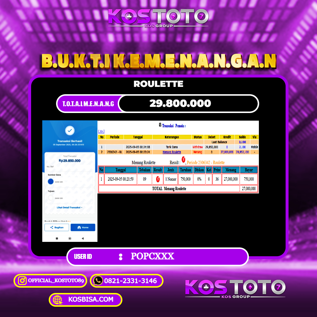 KOSTOTO JACKPOT CASINO ROULETTE RP.29.800.000,- LUNAS USER ID : POPC****