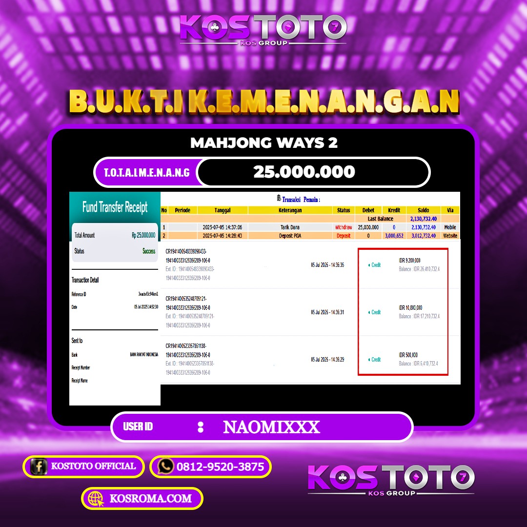 KOSTOTO JACKPOT SLOT MAHJONG WAYS 2 RP.25.000.000,- LUNAS USER ID : NAOMI***