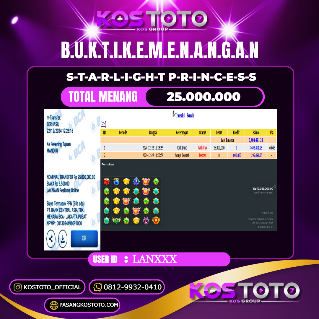 KOSTOTO JACKPOT SLOT STARLIGHT PRINCESS  RP.25.000.000,- LUNAS USER ID : LAN***	