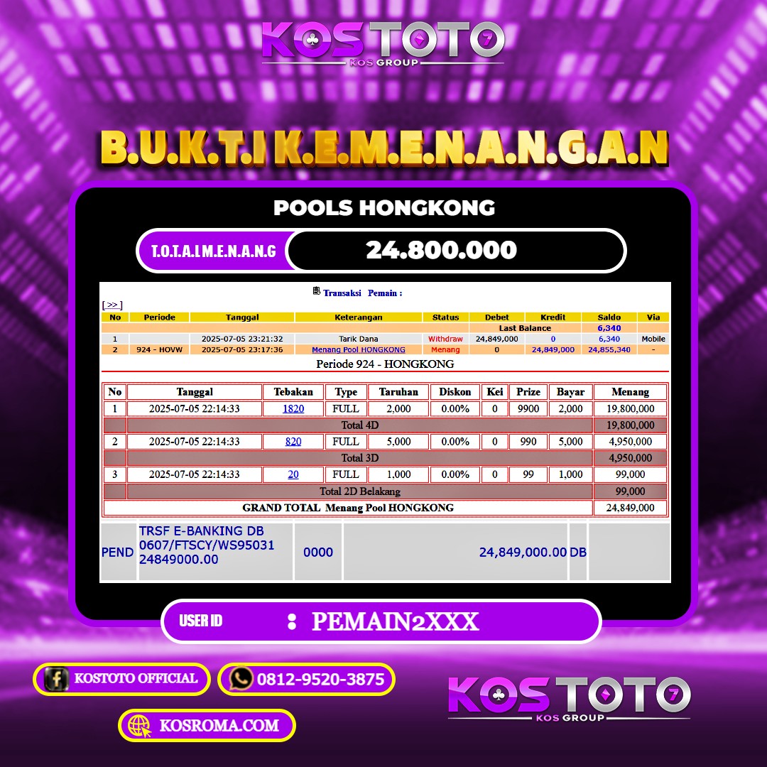 KOSTOTO JACKPOT TOGEL HONGKONG RP.24.800.000,- LUNAS USER ID : PEMAIN2***