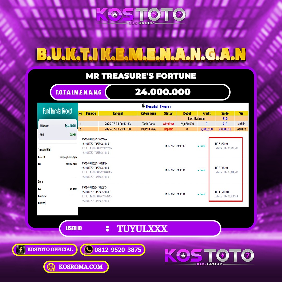 KOSTOTO JACKPOT SLOT MR TREASURE'S FORTUNE RP.24.000.000,- LUNAS USER ID : TUYUL***