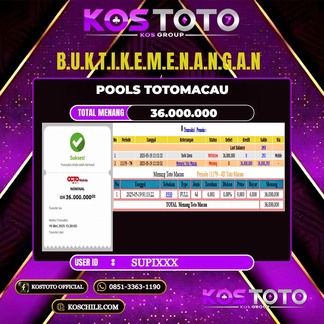 KOSTOTO JACKPOT TOGEL TOTO MACAU RP.36.000.000,- LUNAS USER ID : SUPI****