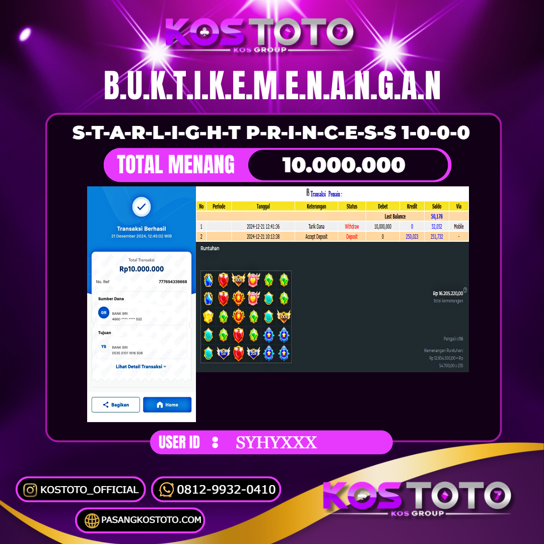 KOSTOTO JACKPOT SLOT STARLIGHT PRINCESS 1000 RP.10.000.000,- LUNAS USER ID : SYHY***