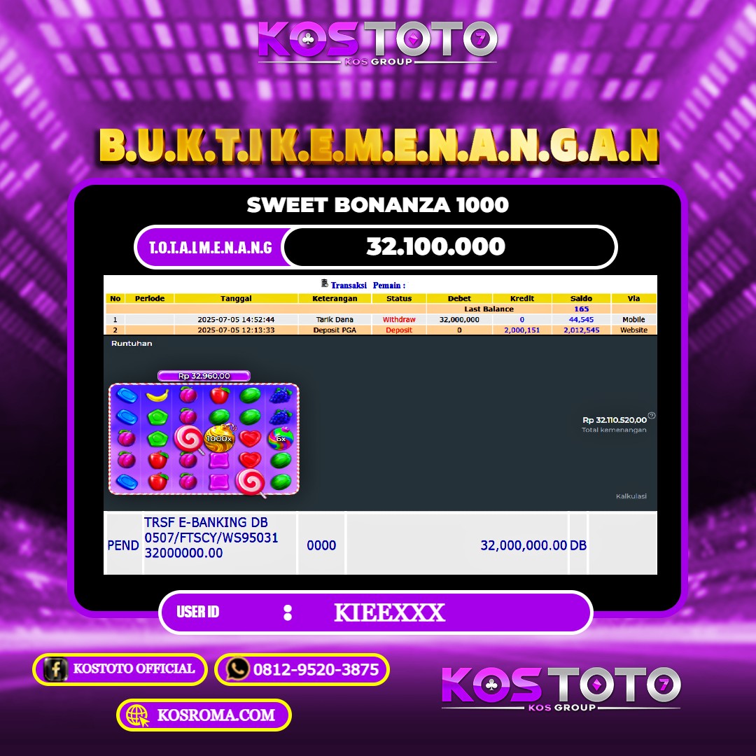 KOSTOTO JACKPOT SLOT SWEET BONANZA 1000 RP.32.100.000,- LUNAS USER ID : KIEE****