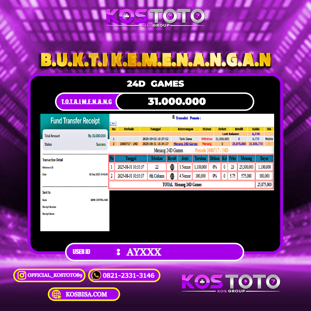 KOSTOTO JACKPOT CASINO 24 D GAMES RP.31.000.000,- LUNAS USER ID : AY****