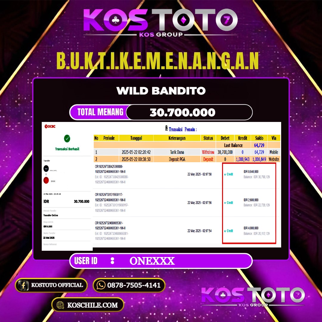 KOSTOTO JACKPOT SLOT WILD BANDITO RP.30.700.000,- LUNAS USER ID : ONE****
