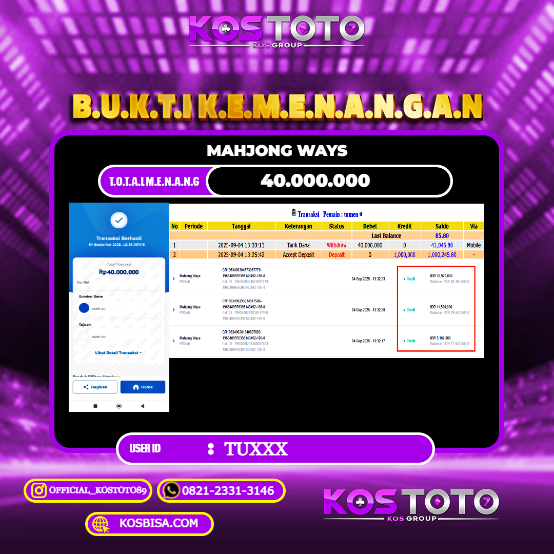 KOSTOTO JACKPOT SLOT MAHJONG WINS RP.40.000.000,- LUNAS USER ID : TU****