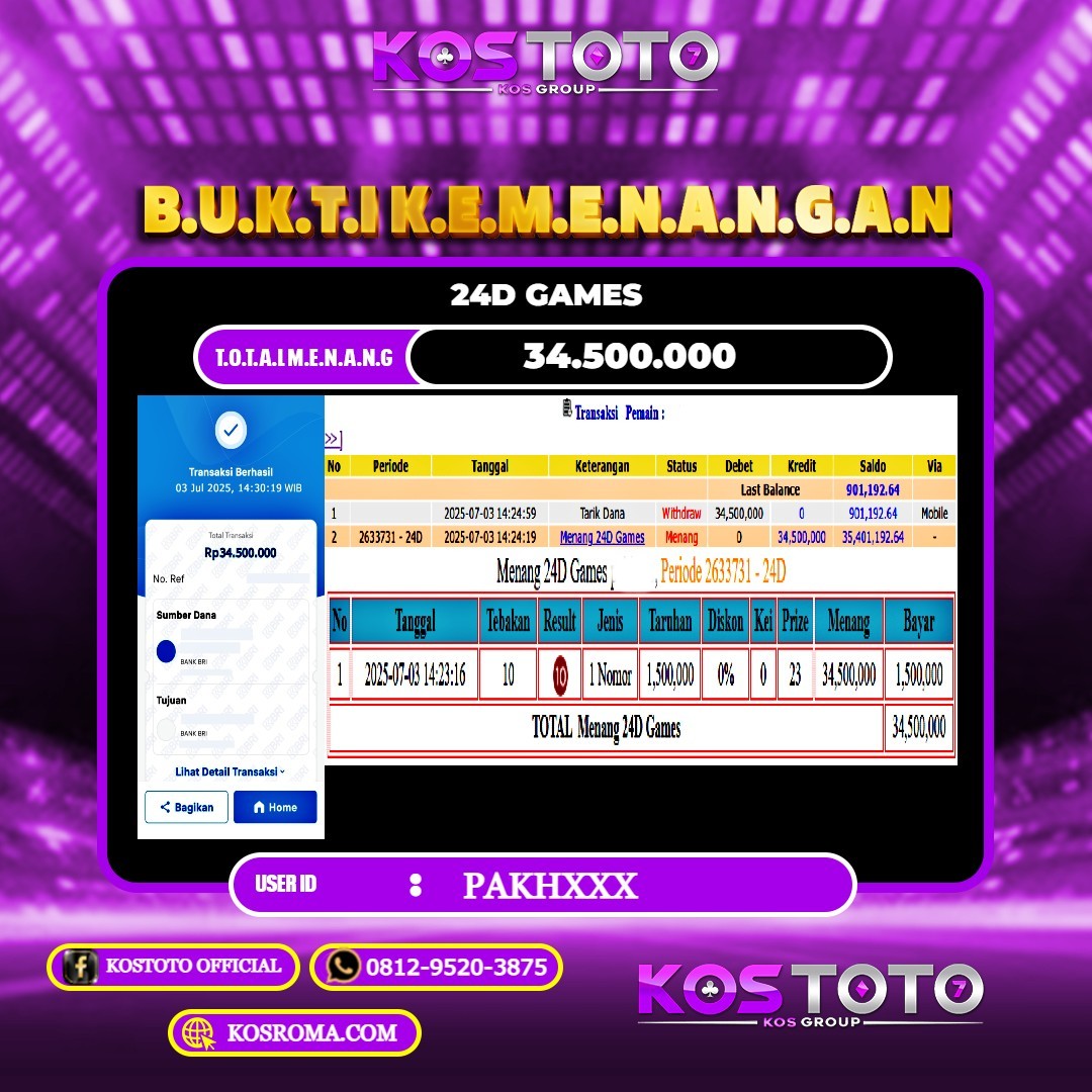 KOSTOTO JACKPOT CASINO 24D GAMES RP.34.500.000,- LUNAS USER ID : PAKH****