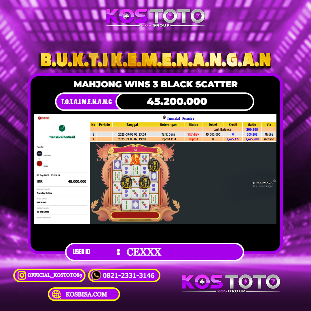 KOSTOTO JACKPOT SLOT MAHJONG WINS 3 BLACK SCATTER RP.45.200.000,- LUNAS USER ID : CE****