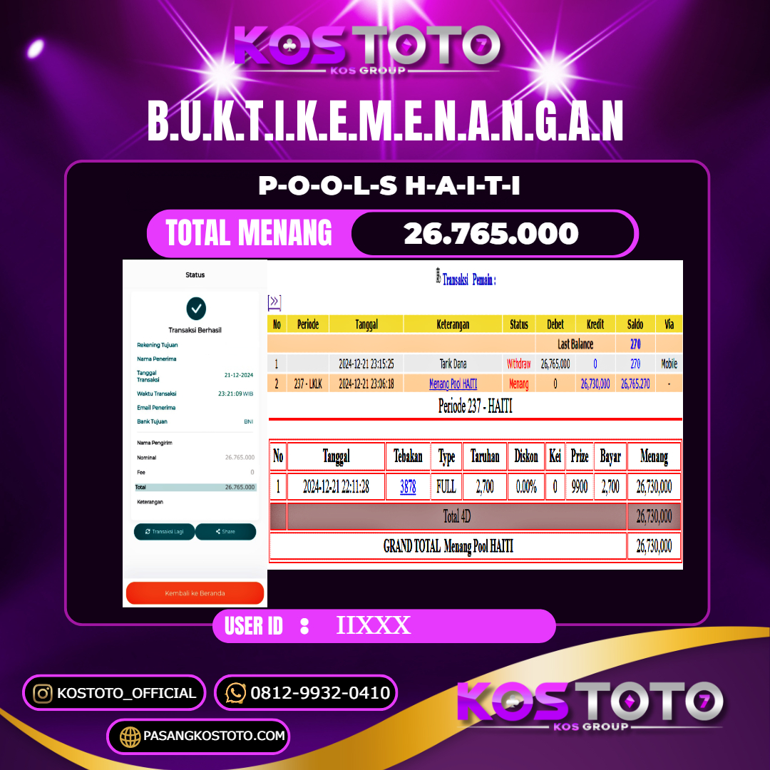 KOSTOTO JACKPOT TOGEL HAITI RP.26.765.000,- LUNAS USER ID : II****