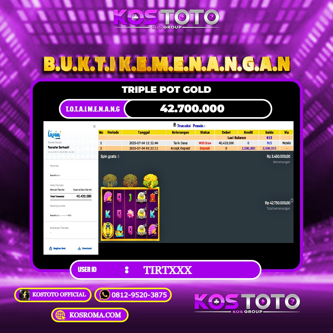 KOSTOTO JACKPOT SLOT TRIPLE POT GOLD RP.42.700.000,- LUNAS USER ID : TIRT****