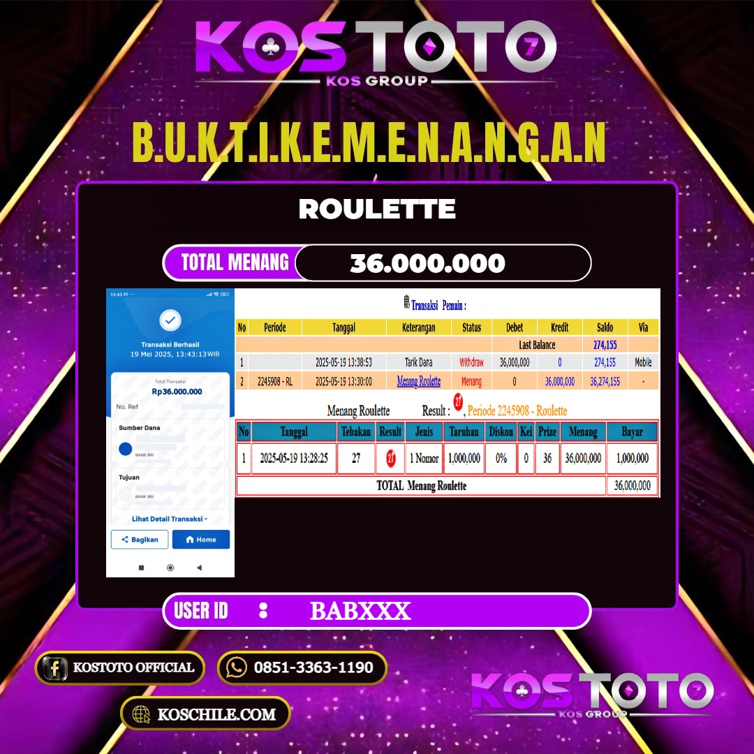KOSTOTO JACKPOT CASINO ROULETTE RP.36.000.000,- LUNAS USER ID : BAB****