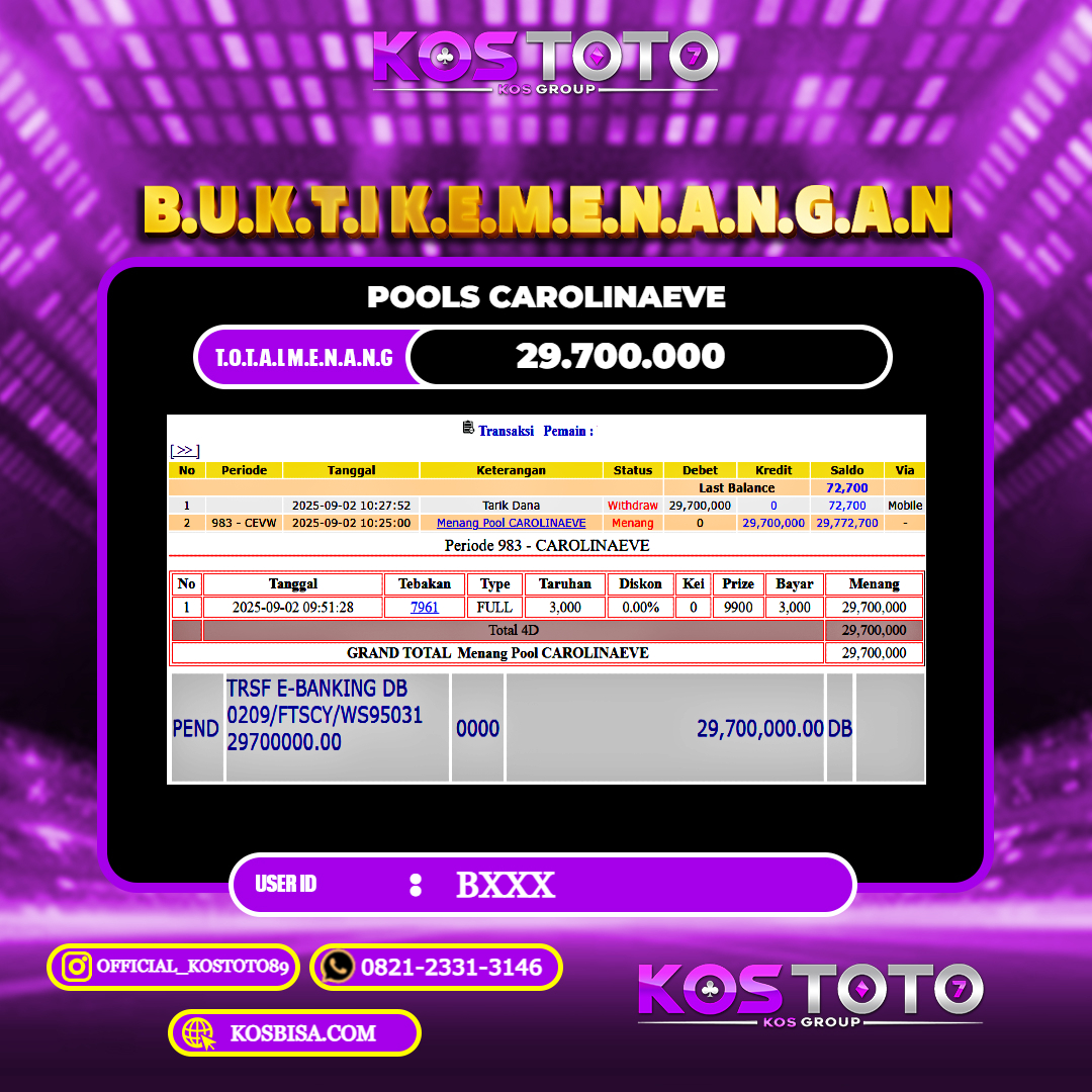 KOSTOTO JACKPOT TOGEL CAROLINAEVE RP.29.700.000,- LUNAS USER ID : B****