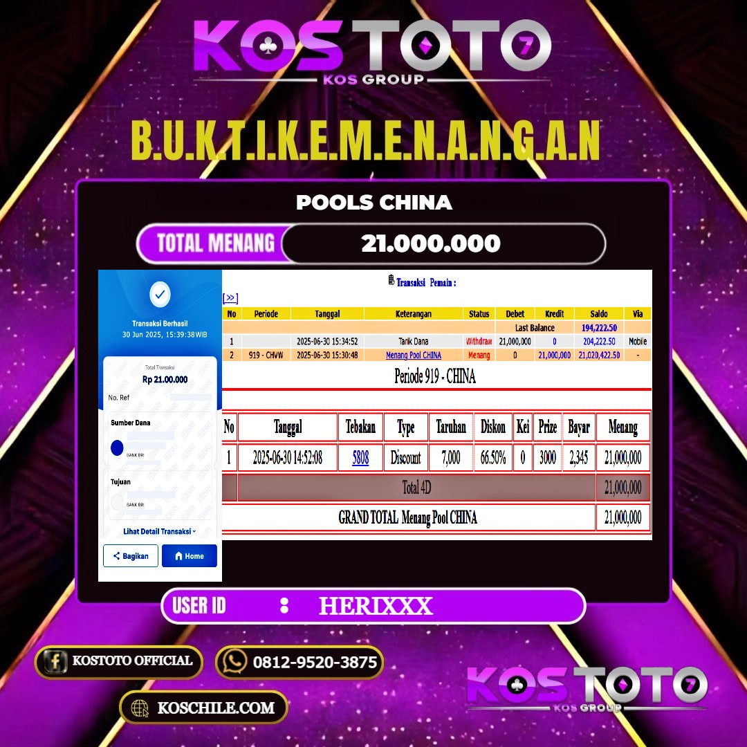KOSTOTO JACKPOT TOGEL CHINA RP.21.000.000,- LUNAS USER ID : HERI***