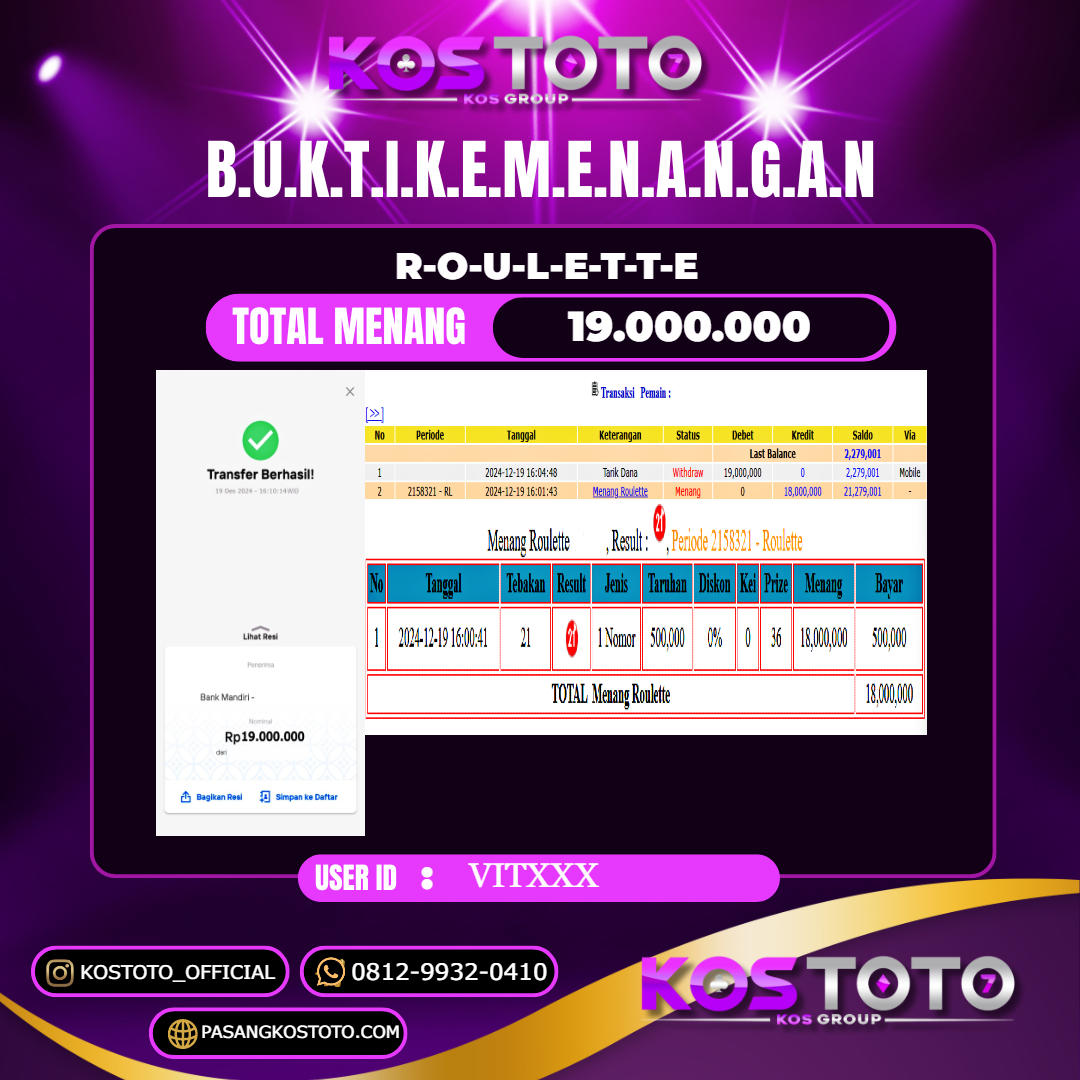 KOSTOTO JACKPOT CASINO ROULETTE  RP.19.000.000,- LUNAS USER ID : VIT***