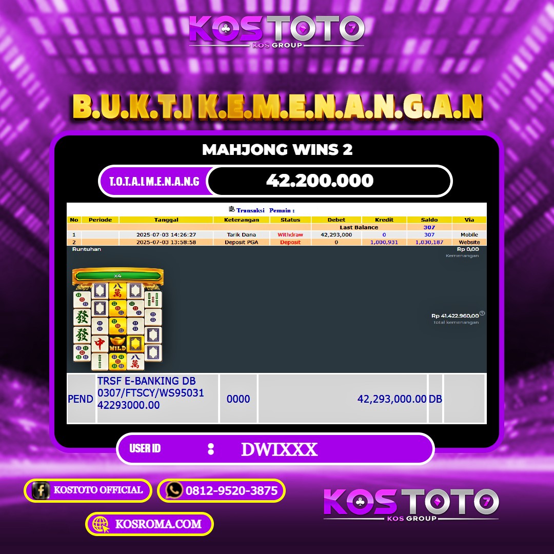 KOSTOTO JACKPOT SLOT MAHJONG WINS 2 RP.42.200.000,- LUNAS USER ID : DWI****