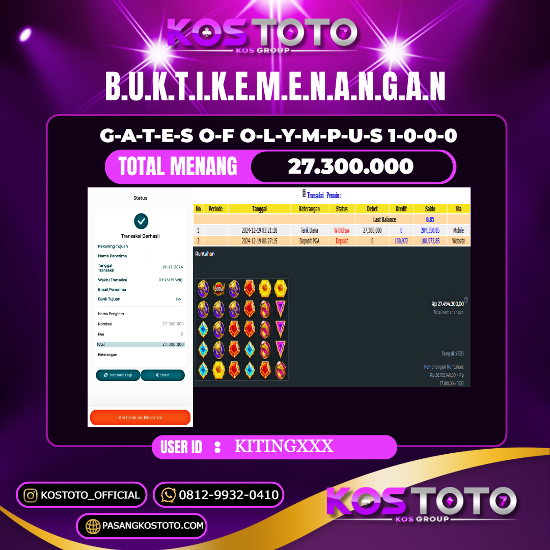 KOSTOTO JACKPOT SLOT GATES OF OLYMPUS 1000  RP.27.300.000,- LUNAS USER ID : KITING***