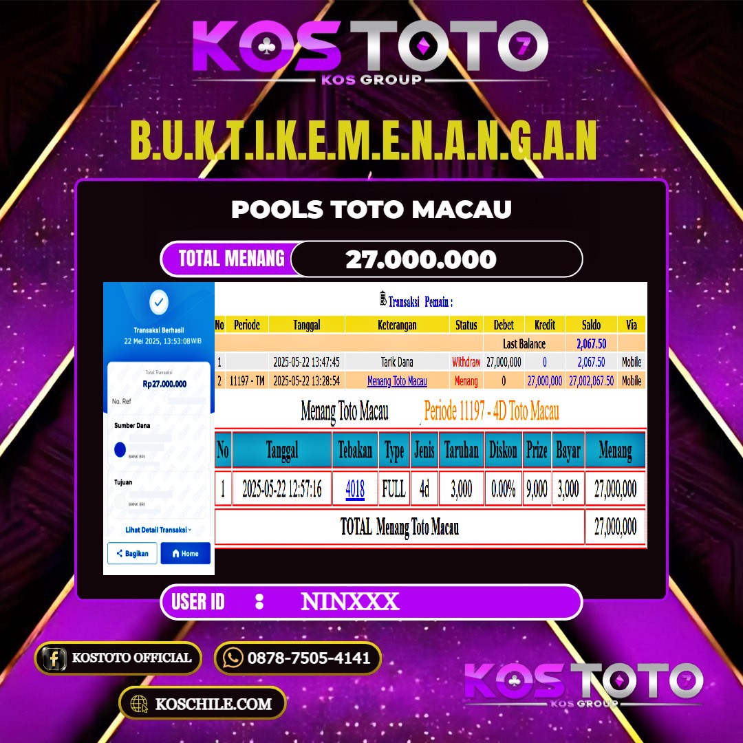 KOSTOTO JACKPOT TOGEL TOTO MACAU RP.27.000.000,- LUNAS USER ID : NIN****