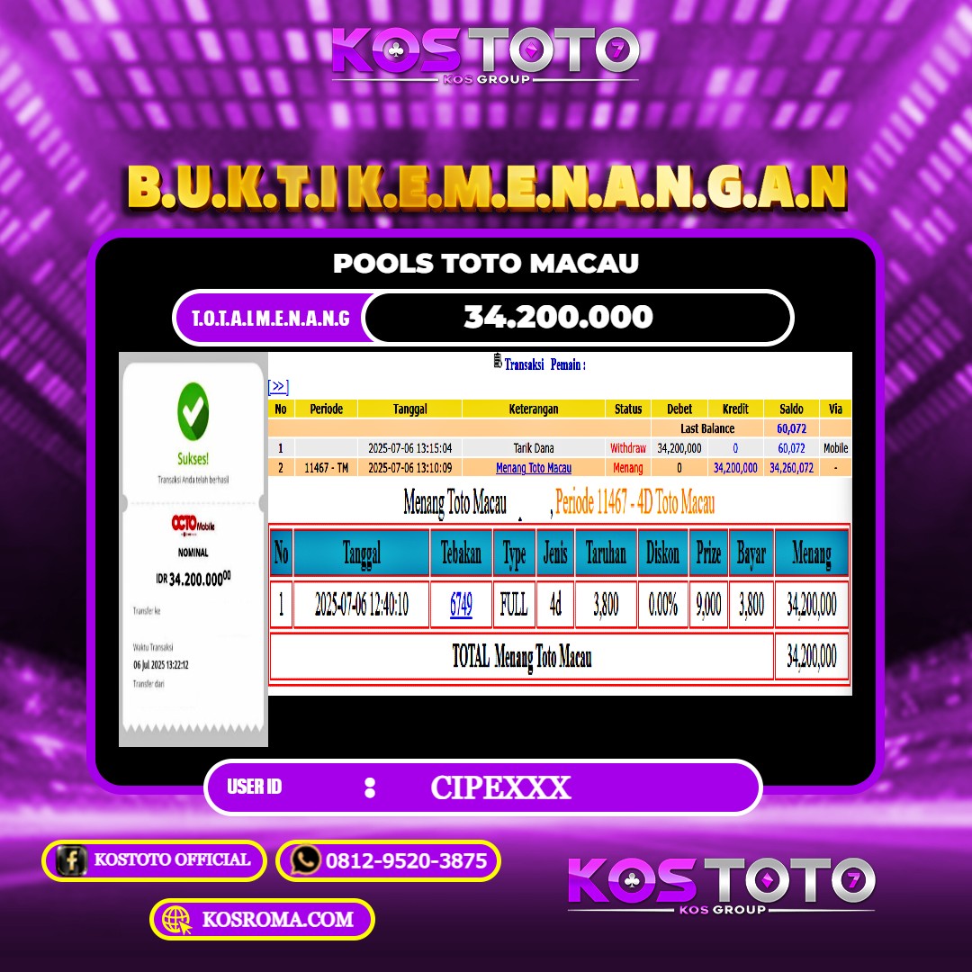 KOSTOTO JACKPOT TOGEL TOTO MACAU RP.34.200.000,- LUNAS USER ID : CIPE***