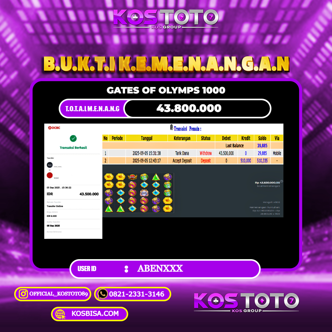 KOSTOTO JACKPOT SLOT GATES OF OLYMPUS 1000 1000 RP.43.800.000,- LUNAS USER ID : ABEN****