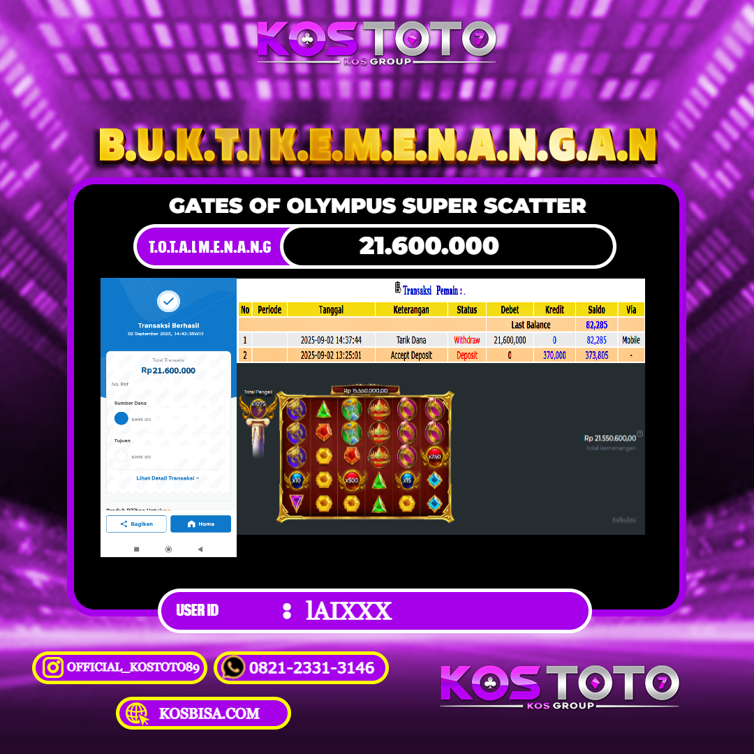 KOSTOTO JACKPOT SLOT GATES OF OLYMPUS SUPER SCATTER RP.21.600.000,- LUNAS USER ID : LAL****