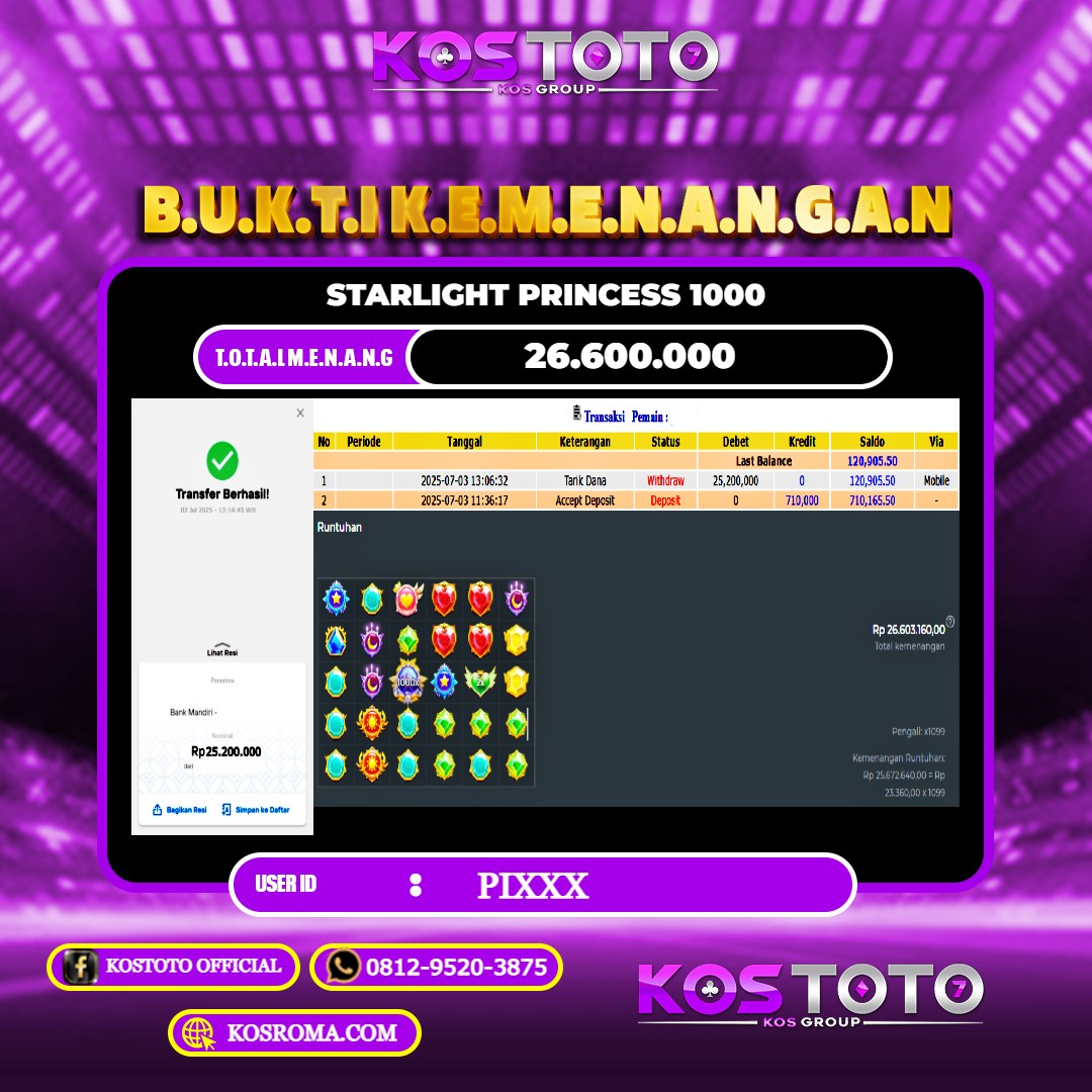 KOSTOTO JACKPOT SLOT STARLIGHT PRINCESS 1000 RP.26.600.000,- LUNAS USER ID : PI****
