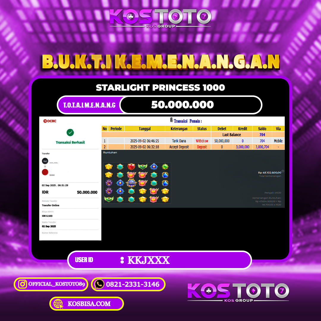 KOSTOTO JACKPOT SLOT STARLIGHT PRINCESS 1000 RP.50.000.000,- LUNAS USER ID : KKJ****