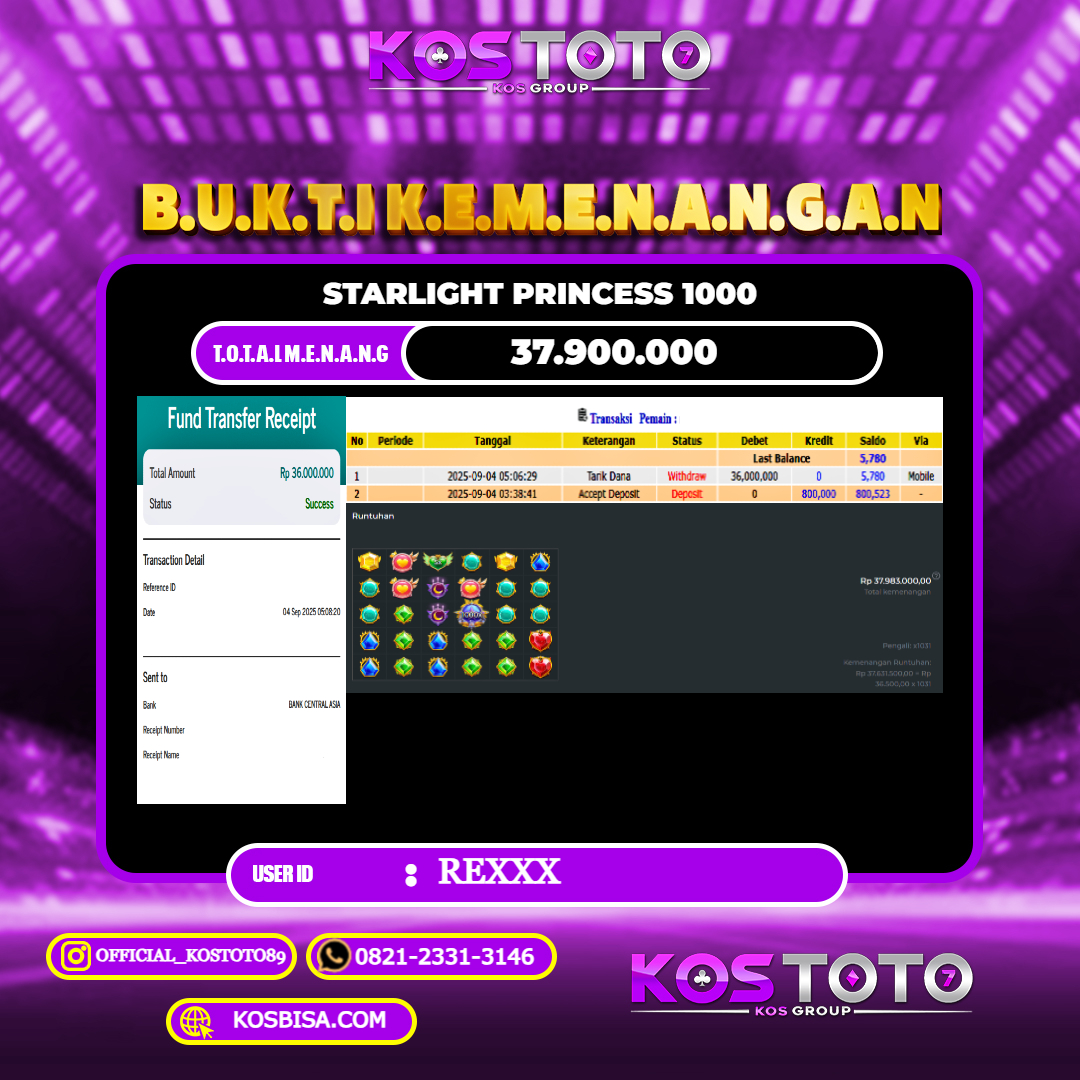 KOSTOTO JACKPOT SLOT STARLIGHT PRINCESS 1000 RP.37.900.000,- LUNAS USER ID : RE****