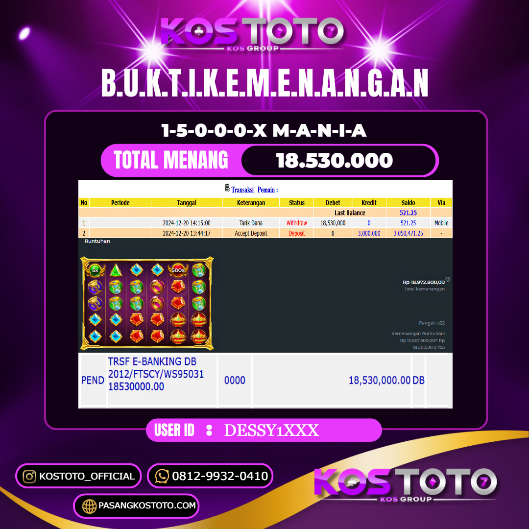 KOSTOTO JACKPOT SLOT 15000x MANIA RP.18.530.000,- LUNAS USER ID : DESSY1***