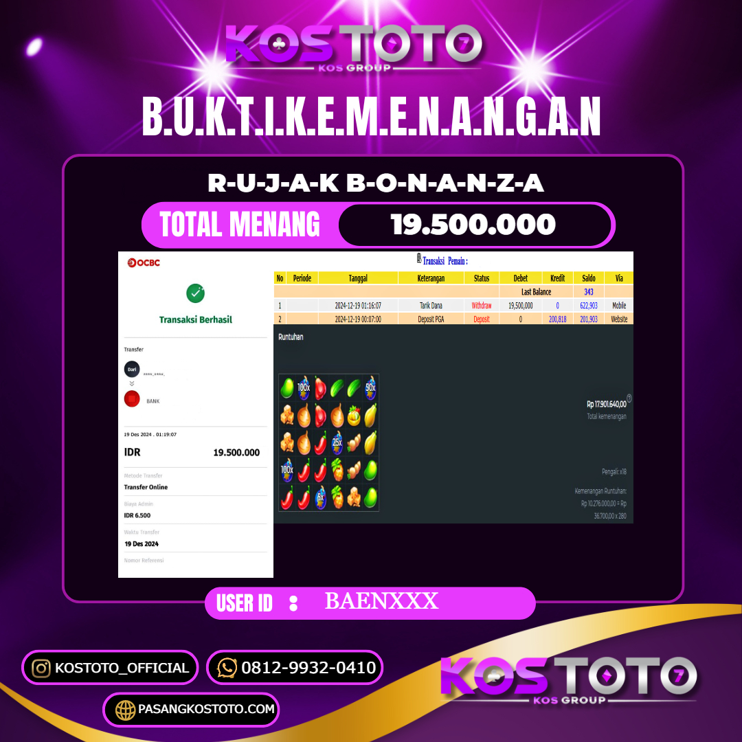 KOSTOTO JACKPOT SLOT RUJAK BONANZA  RP.19.500.000,- LUNAS USER ID : BAEN***