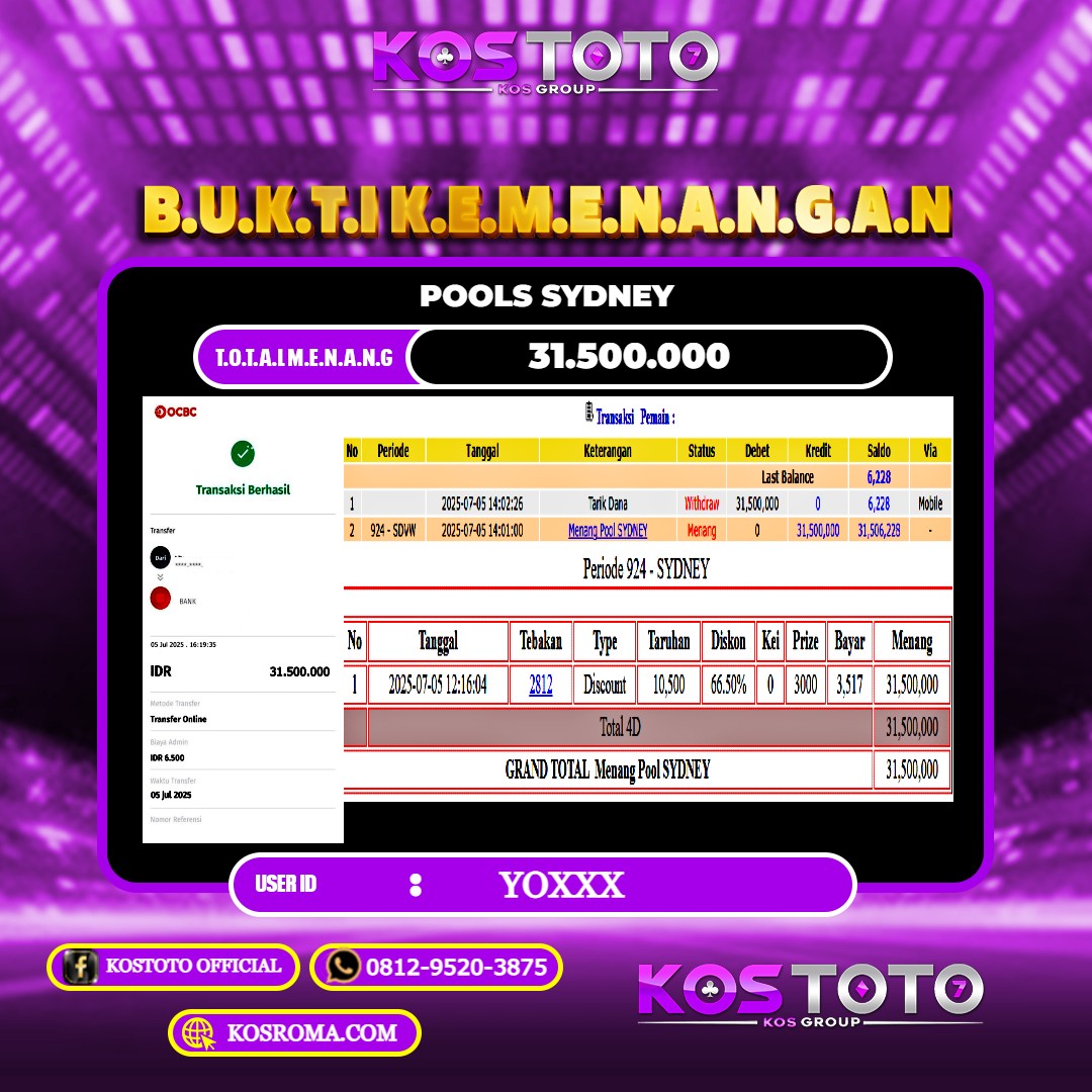 KOSTOTO JACKPOT TOGEL SYDNEY RP.31.500.000,- LUNAS USER ID : YO***
