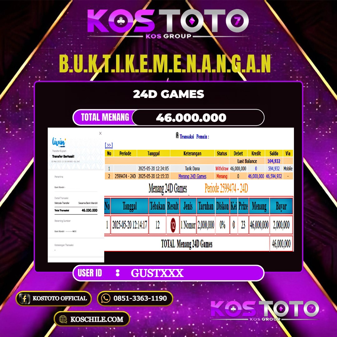 KOSTOTO JACKPOT CASINO 24D GAMES RP.46.000.000,- LUNAS USER ID : GUST***