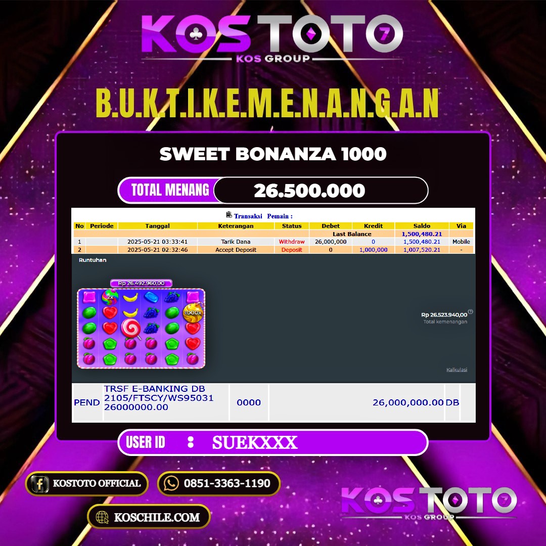 KOSTOTO JACKPOT SLOT SWEET BONANZA 1000 RP.26.500.000,- LUNAS USER ID : SUEK****