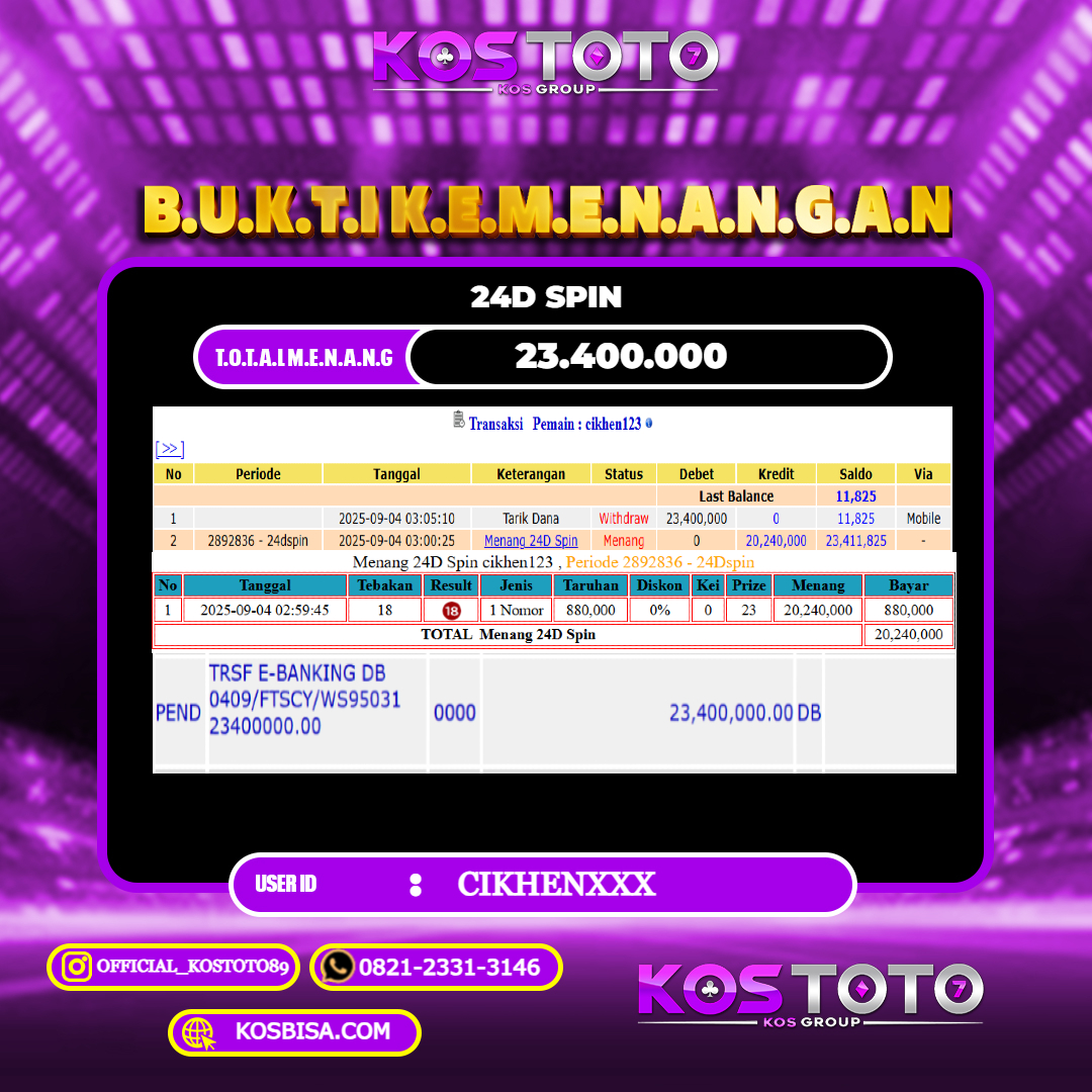 KOSTOTO JACKPOT CASINO 24D SPIN RP.23.400.000,- LUNAS USER ID : CIKHEN****